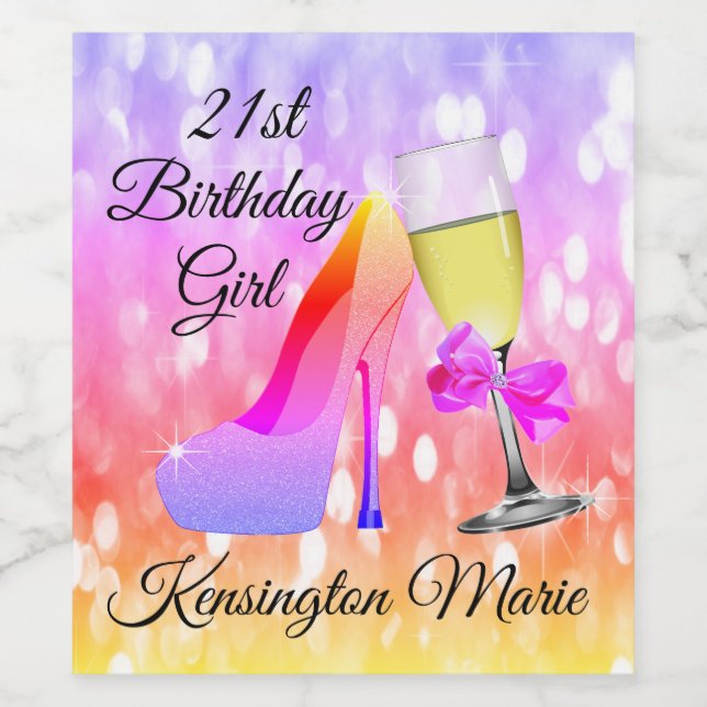 Rainbow Sparkle 21st Birthday Sparkling Wine Label (Single Label)