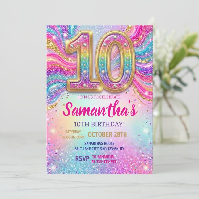 Rainbow Sparkle Glitter 10th Birthday Party Invitation (Standing Front)