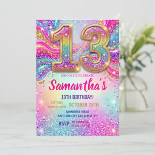 Rainbow Sparkle Glitter 13th Birthday Party Invitation