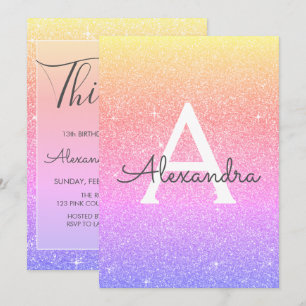 Rainbow Sparkle Glitter 13th Thirteen Birthday Invitation