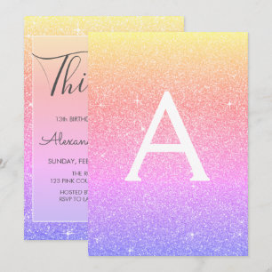 Rainbow Sparkle Glitter 13th Thirteen Birthday Invitation
