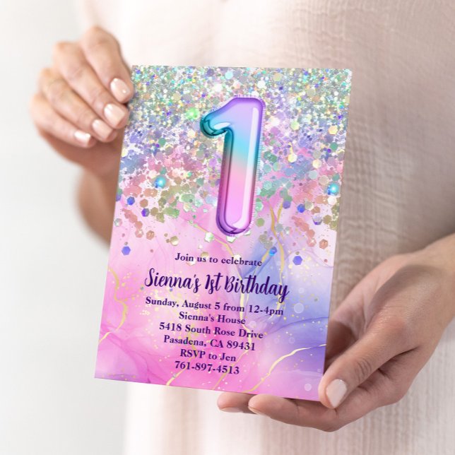 Rainbow Sparkle Glitter 1st Birthday Party Invitation (Creator Uploaded)