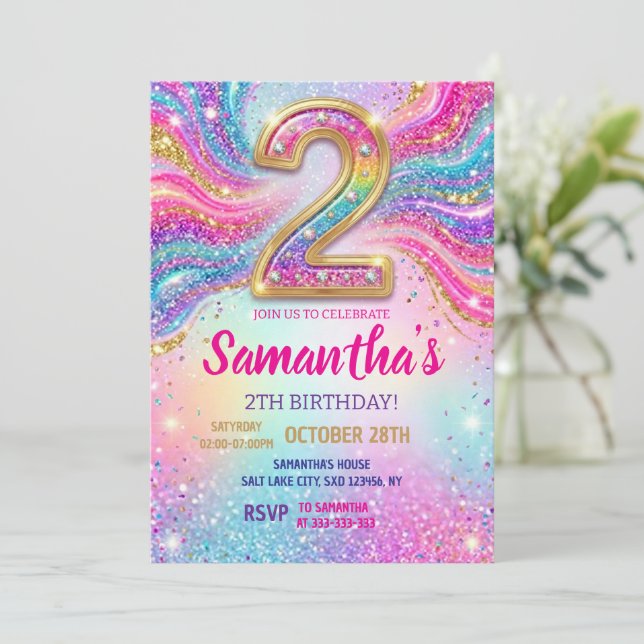 Rainbow Sparkle Glitter 2th Birthday Party Invitation (Standing Front)