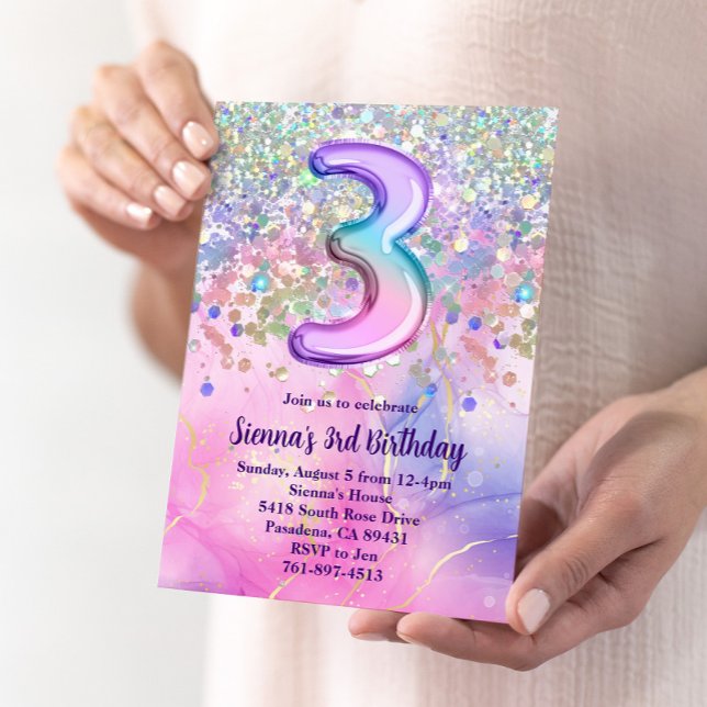 Rainbow Sparkle Glitter 3rd Birthday Party Invitation (Creator Uploaded)