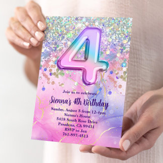Rainbow Sparkle Glitter 4th Birthday Party Invitation