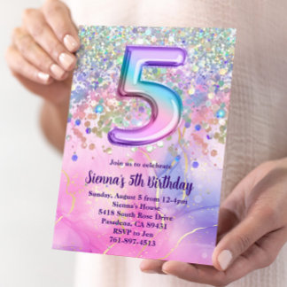 Rainbow Sparkle Glitter 5th Birthday Party Invitation