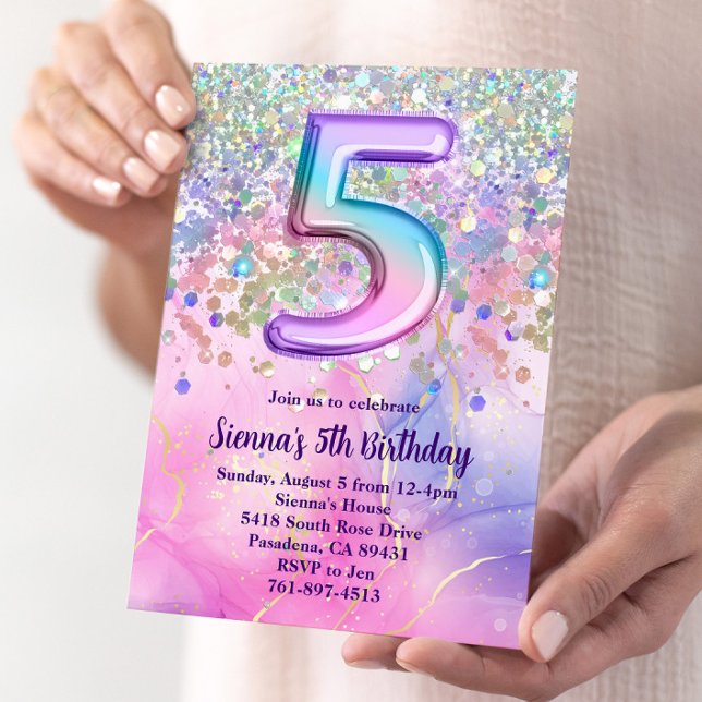 Rainbow Sparkle Glitter 5th Birthday Party Invitation (Creator Uploaded)