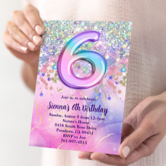 Rainbow Sparkle Glitter 6th Birthday Party Invitation