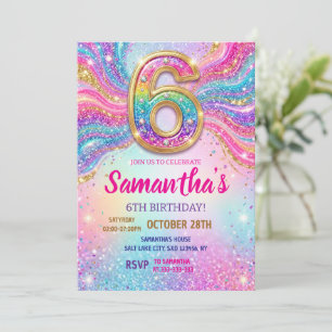 Rainbow Sparkle Glitter 6th Birthday Party Invitation