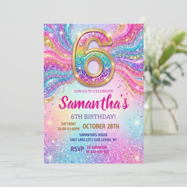 Rainbow Sparkle Glitter 6th Birthday Party Invitation (Standing Front)