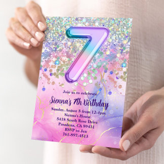 Rainbow Sparkle Glitter 7th Birthday Party Invitation