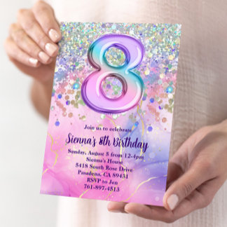 Rainbow Sparkle Glitter 8th Birthday Party Invitation