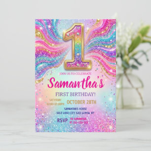 Rainbow Sparkle Glitter First Birthday Party Invitation
