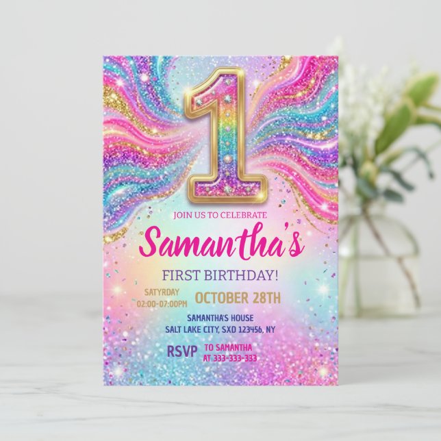 Rainbow Sparkle Glitter First Birthday Party Invitation (Standing Front)