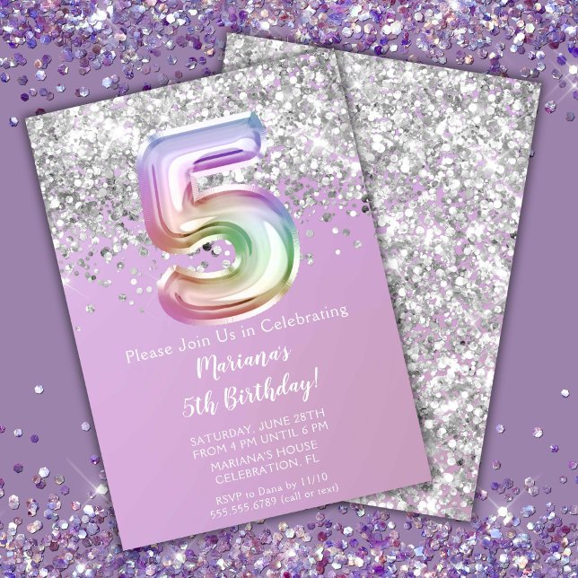 Rainbow Sparkle Glitter Girl 5th Birthday Party In Invitation (Creator Uploaded)