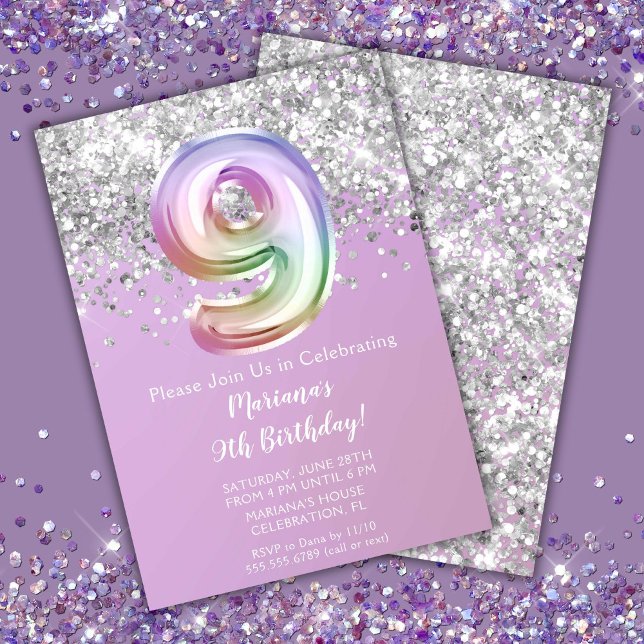Rainbow Sparkle Glitter Girl 9th Birthday Party Invitation (Creator Uploaded)