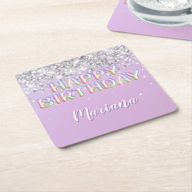 Rainbow Sparkle Glitter Girl Birthday Party Square Paper Coaster (Angled)