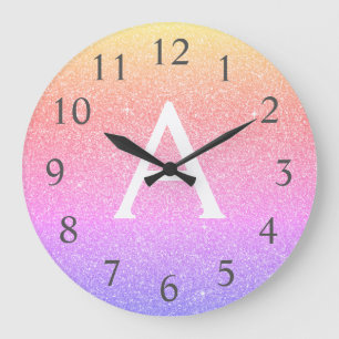 Rainbow Sparkle Glitter Monogram Name & Initial Large Clock