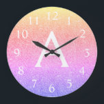 Rainbow Sparkle Glitter Monogram Name Large Clock<br><div class="desc">Gold,  Pink and Purple Rainbow Pastel Sparkle Glitter Monogram Name and Initial Serving Wall Clock. The Wall Clock makes the perfect gift for someone who loves silver sparkle glitter.</div>