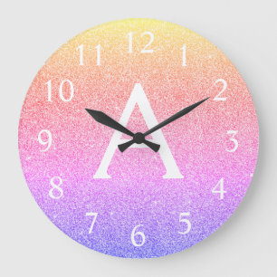 Rainbow Sparkle Glitter Monogram Name Large Clock