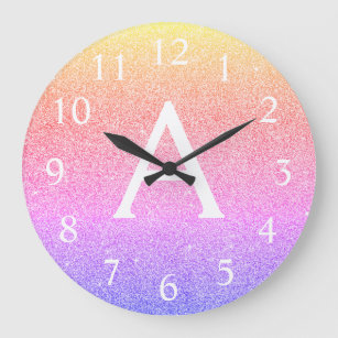 Rainbow Sparkle Glitter Monogram Name Large Clock