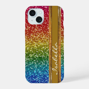 Rainbow Sparkle Glitter, Personalised with Name iPhone 15 Case