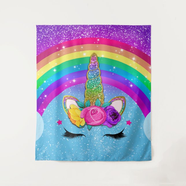 Rainbow Sparkle Glittery Unicorn Horn Face Girls Tapestry (Front)