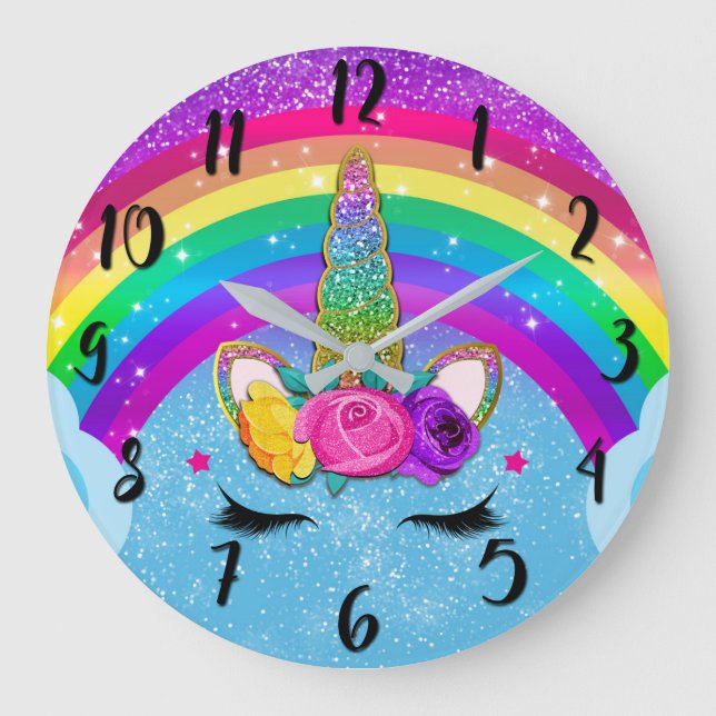 Rainbow Sparkle Glittery Unicorn Horn Face Large Clock (Front)