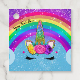 Rainbow Sparkle Glittery Unicorn Horn Face Party Favour Tags