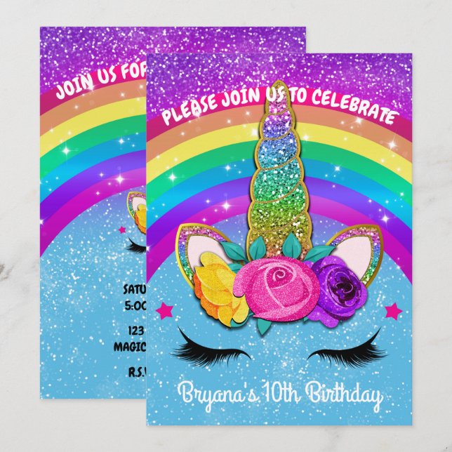 Rainbow Sparkle Glittery Unicorn Horn Face Party Invitation (Front/Back)
