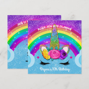 Rainbow Sparkle Glittery Unicorn Horn Face Party Invitation