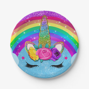 Rainbow Sparkle Glittery Unicorn Horn Face Party Paper Plate