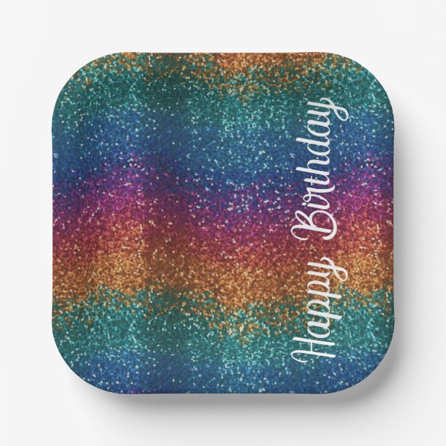 Rainbow Sparkle Metallic Elegant Happy Birthday Paper Plate (Front)
