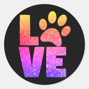 Rainbow Sparkle - Paw Print Love on Black Classic Round Sticker