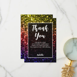 Rainbow sparkles Sweet 16 elegant script Thank You Card