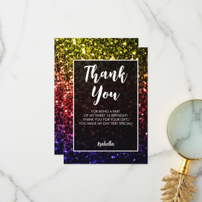 Rainbow sparkles Sweet 16 elegant script Thank You Card (Front/Back In Situ)