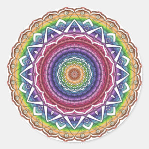 Rainbow Spiral and Geometric Flower Mandala Classic Round Sticker