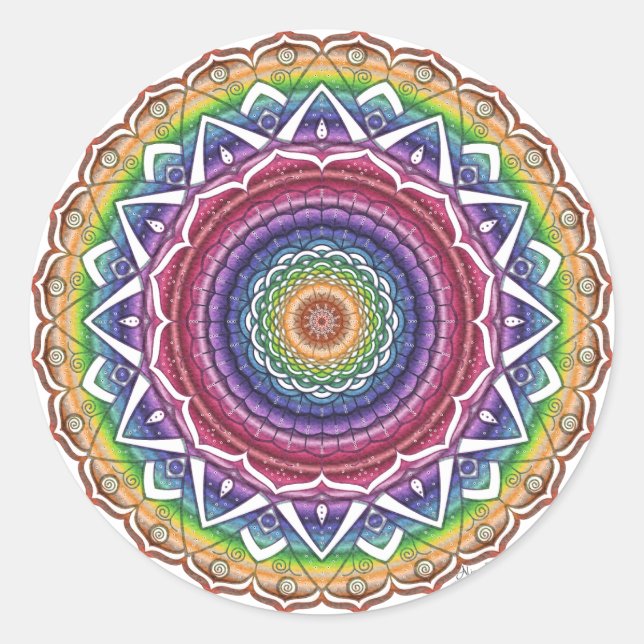 Rainbow Spiral and Geometric Flower Mandala Classic Round Sticker (Front)