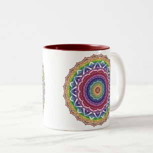 Rainbow Spiral and Geometric Flower Mandala Two-Tone Coffee Mug
