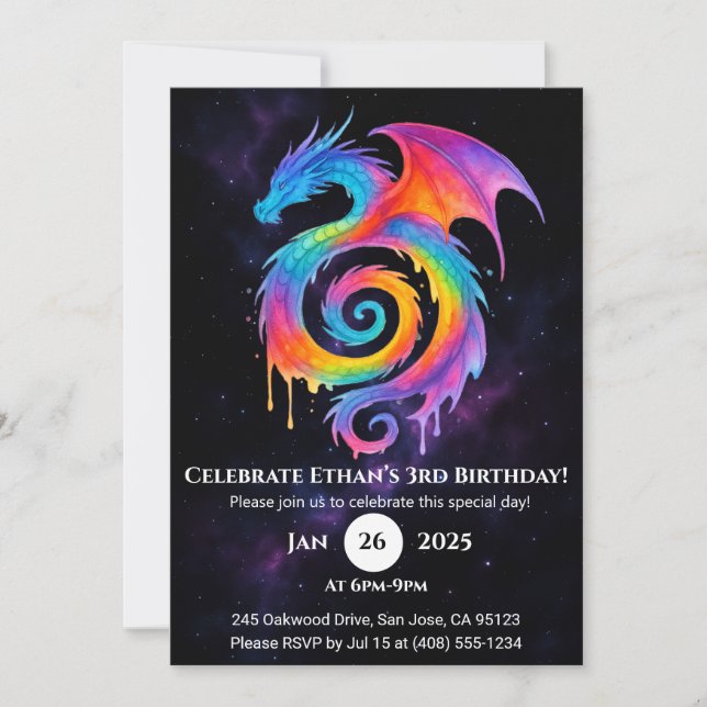 Rainbow Spiral Dragon Birthday Invitation (Front)