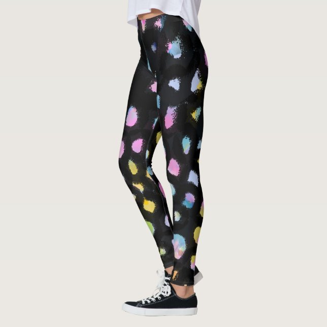 Rainbow Splash Design on Black Background Leggings (Left)