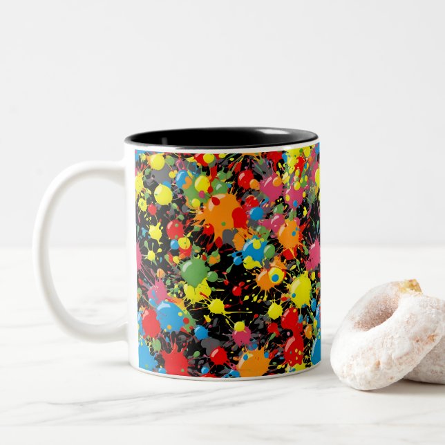 Rainbow Splash Paint Droplets PD Two-Tone Coffee Mug (With Donut)