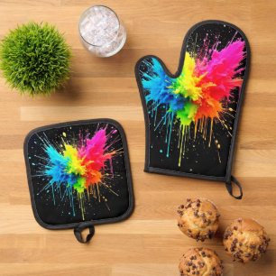 Rainbow Splash Powder Art Oven Mitt & Pot Holder Set