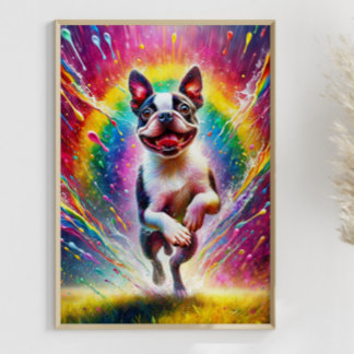 Rainbow Splatter Boston Terrier Colourful Art Poster