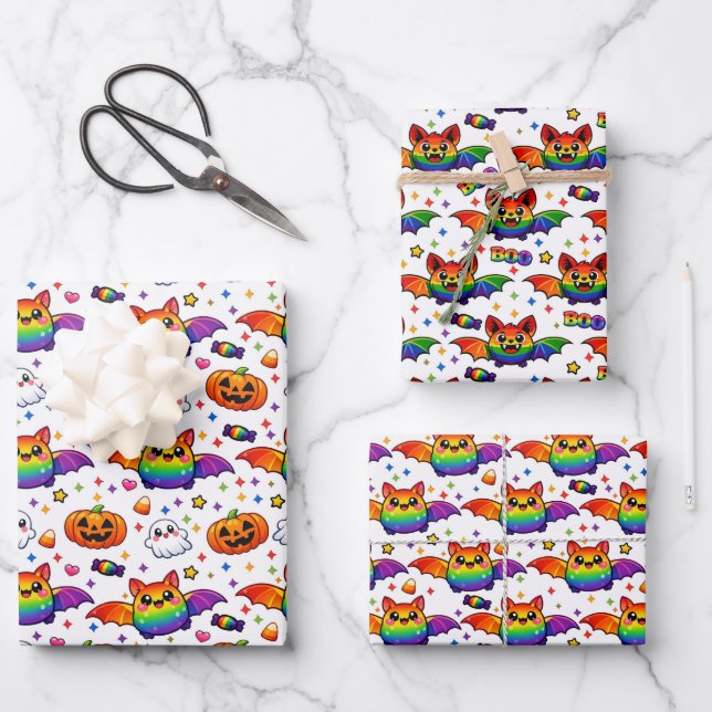 🦇🌈 Rainbow Spooky Party Wrapping Paper Sheet (Front)