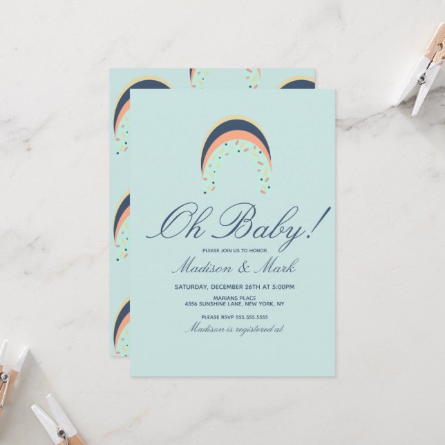 Rainbow Sprinkles Brush Stroke Baby Shower Blue Invitation (Front/Back In Situ)