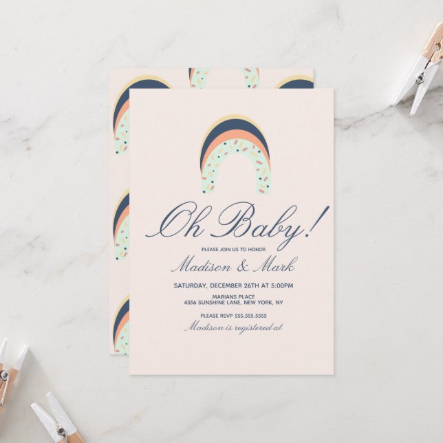 Rainbow Sprinkles Brush Stroke Baby Shower Pink Invitation (Front/Back In Situ)