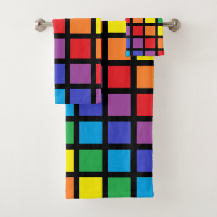 Rainbow Squares Black Bath Towel Set