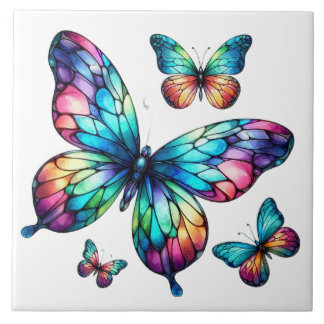 Rainbow Stained Glass Butterflies Illuminated Tile