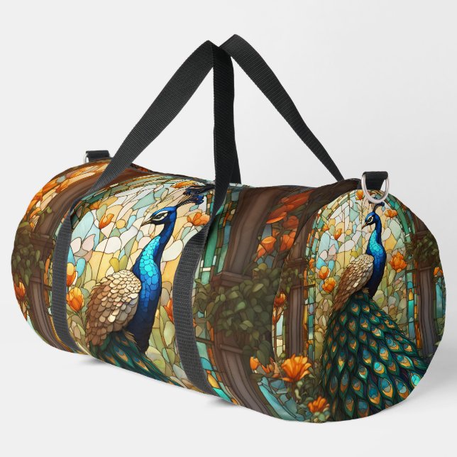 Rainbow Stained Glass Peacock Large Duffel Bag (Left Corner)